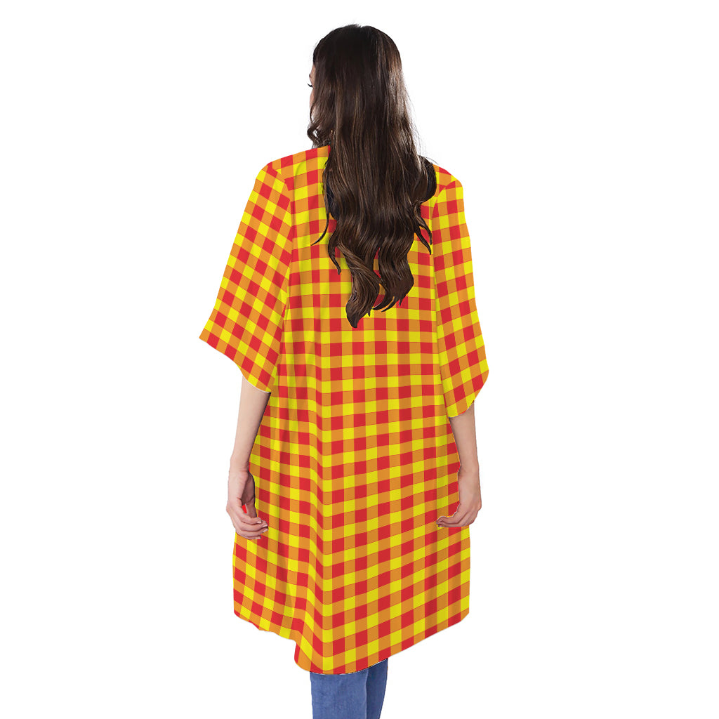 Red And Yellow Check Pattern Print Open Front Beach Cover Up