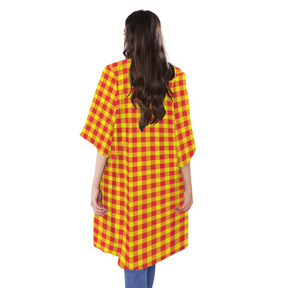 Red And Yellow Check Pattern Print Open Front Beach Cover Up