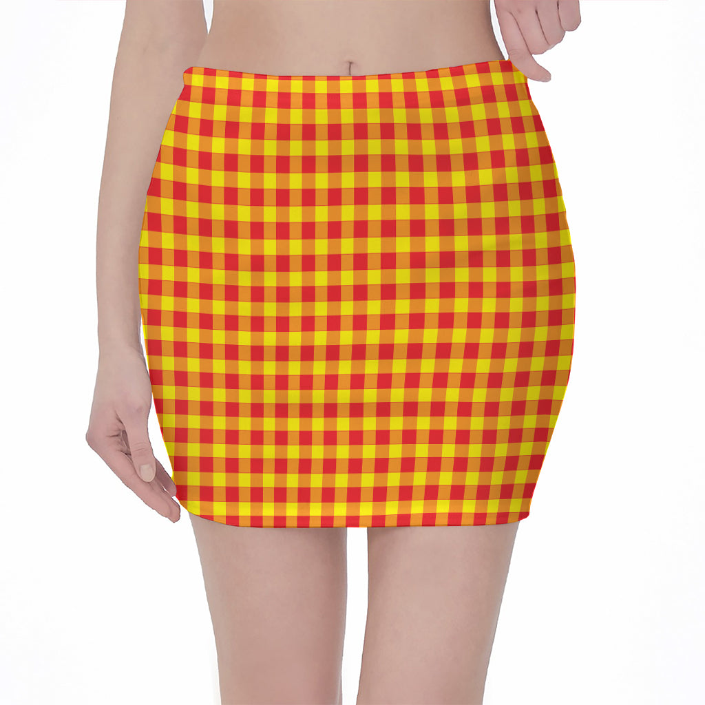 Red And Yellow Check Pattern Print Pencil Mini Skirt