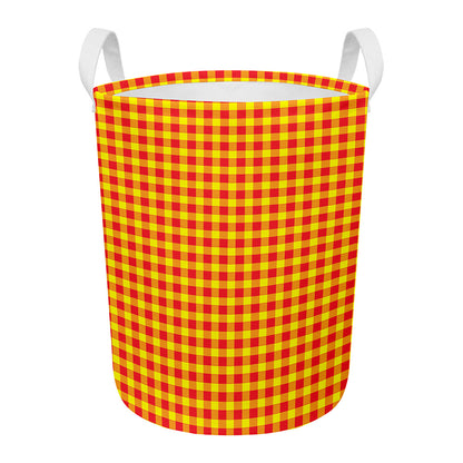 Red And Yellow Check Pattern Print Round Laundry Basket