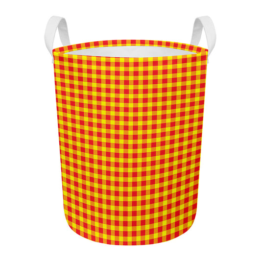 Red And Yellow Check Pattern Print Round Laundry Basket