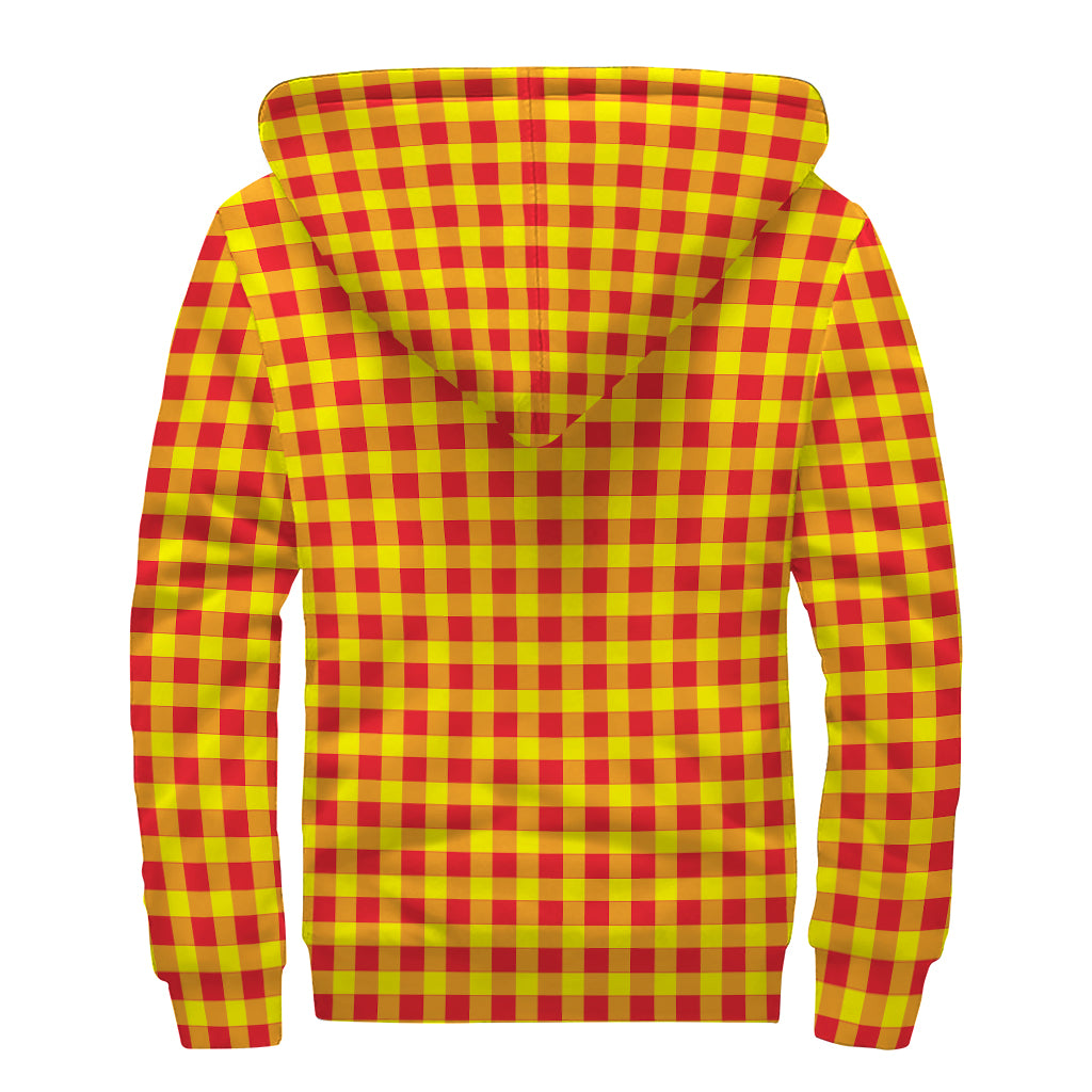 Red And Yellow Check Pattern Print Sherpa Lined Zip Up Hoodie