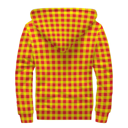 Red And Yellow Check Pattern Print Sherpa Lined Zip Up Hoodie
