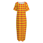 Red And Yellow Check Pattern Print Short Sleeve Long Nightdress