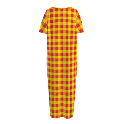 Red And Yellow Check Pattern Print Short Sleeve Long Nightdress