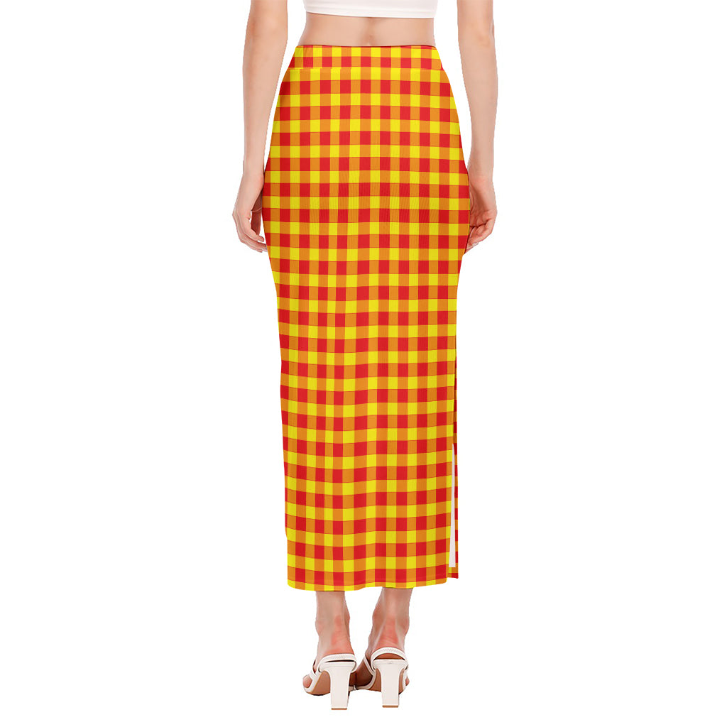 Red And Yellow Check Pattern Print Side Slit Maxi Skirt