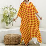 Red And Yellow Check Pattern Print Silk V-Neck Kaftan Dress
