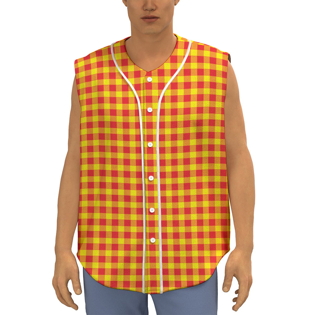 Red And Yellow Check Pattern Print Sleeveless Baseball Jersey
