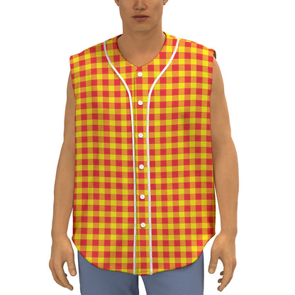 Red And Yellow Check Pattern Print Sleeveless Baseball Jersey