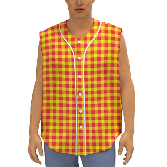 Red And Yellow Check Pattern Print Sleeveless Baseball Jersey