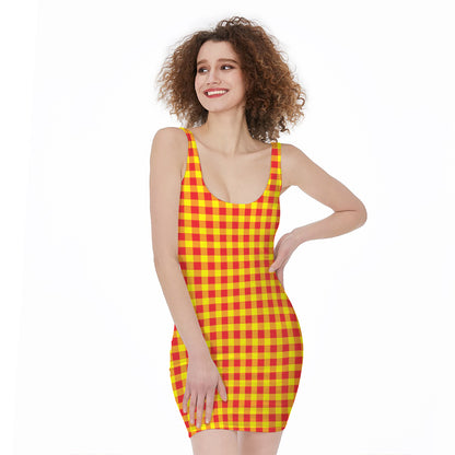 Red And Yellow Check Pattern Print Sleeveless Bodycon Dress
