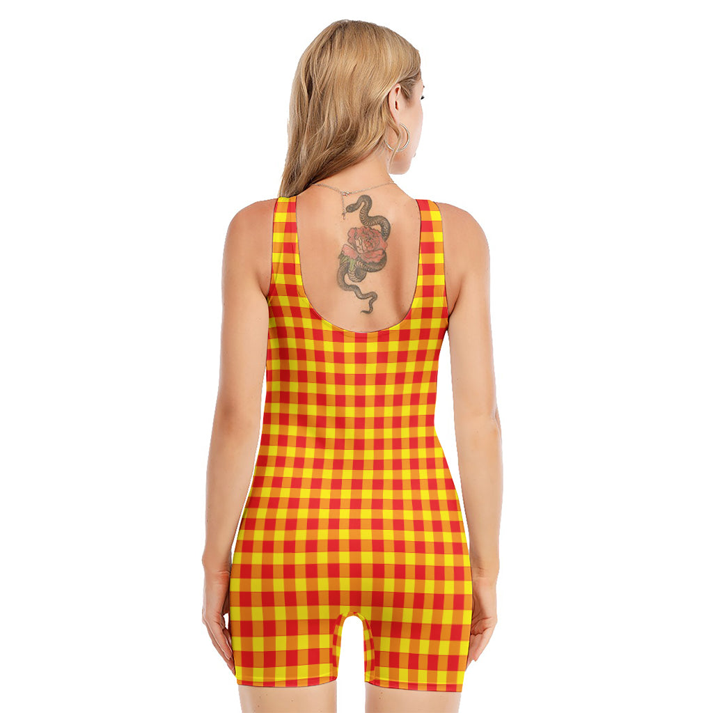 Red And Yellow Check Pattern Print Sleeveless One Piece Swimsuit