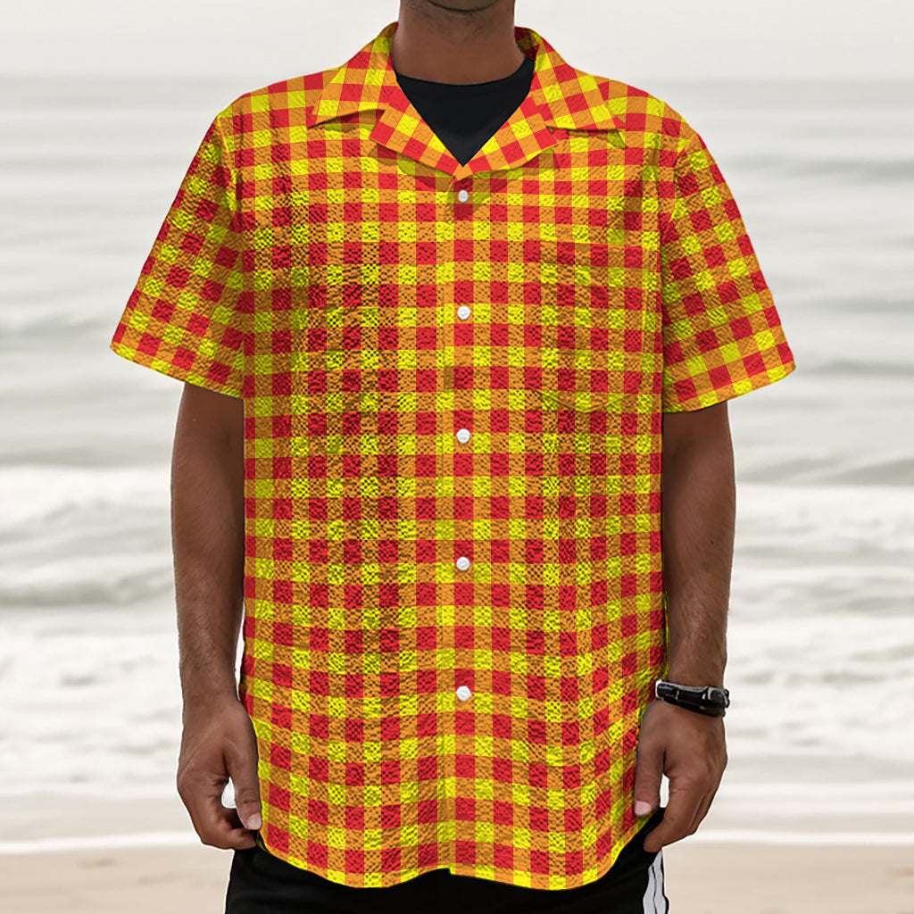 Red And Yellow Check Pattern Print Textured Short Sleeve Shirt