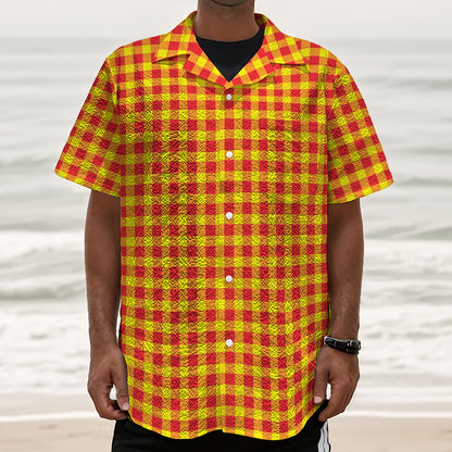 Red And Yellow Check Pattern Print Textured Short Sleeve Shirt