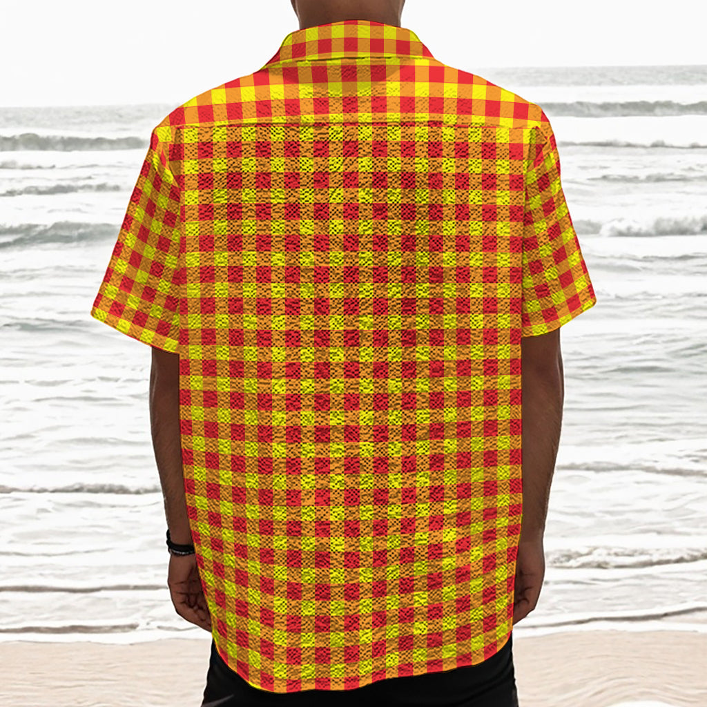 Red And Yellow Check Pattern Print Textured Short Sleeve Shirt