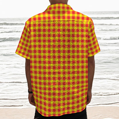 Red And Yellow Check Pattern Print Textured Short Sleeve Shirt