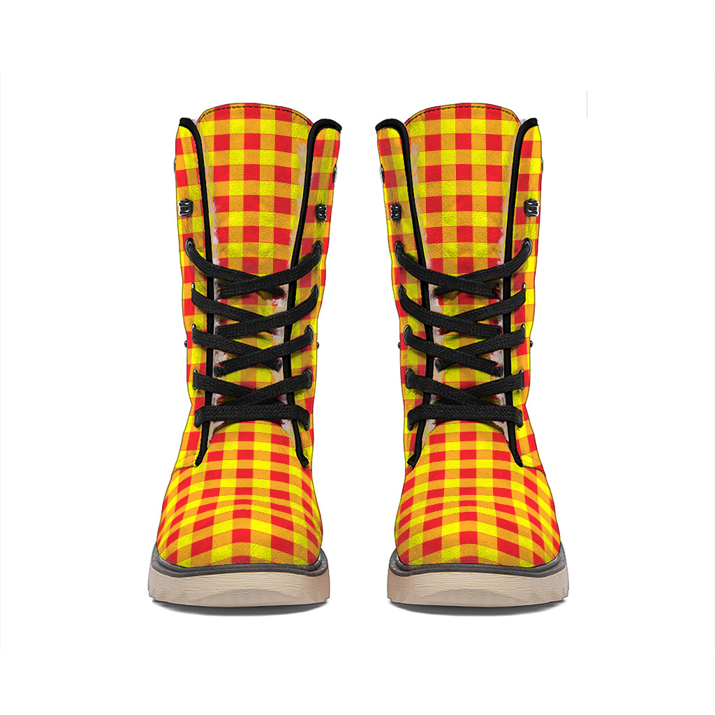 Red And Yellow Check Pattern Print Winter Boots