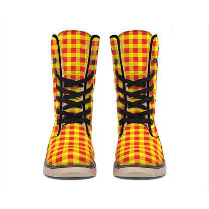 Red And Yellow Check Pattern Print Winter Boots