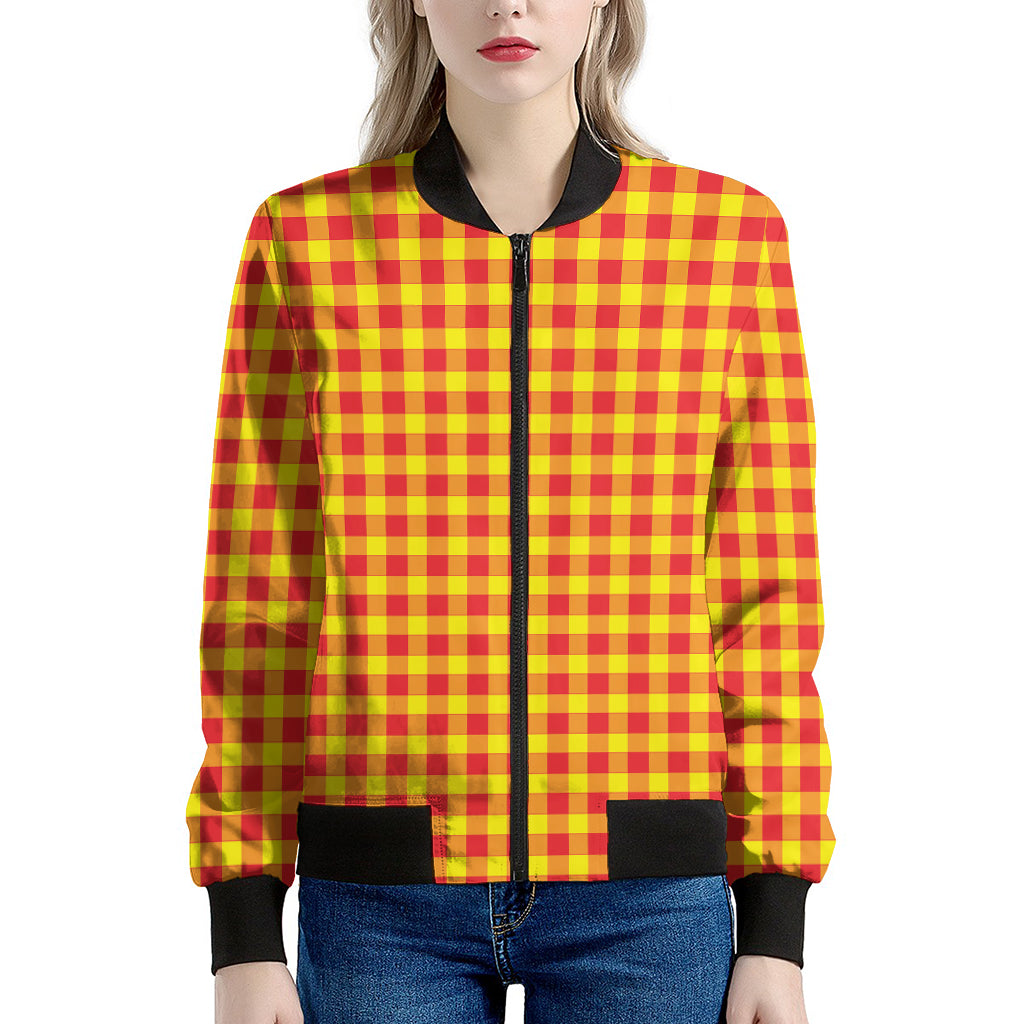 Red And Yellow Check Pattern Print Women's Bomber Jacket