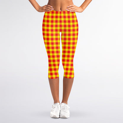 Red And Yellow Check Pattern Print Women's Capri Leggings