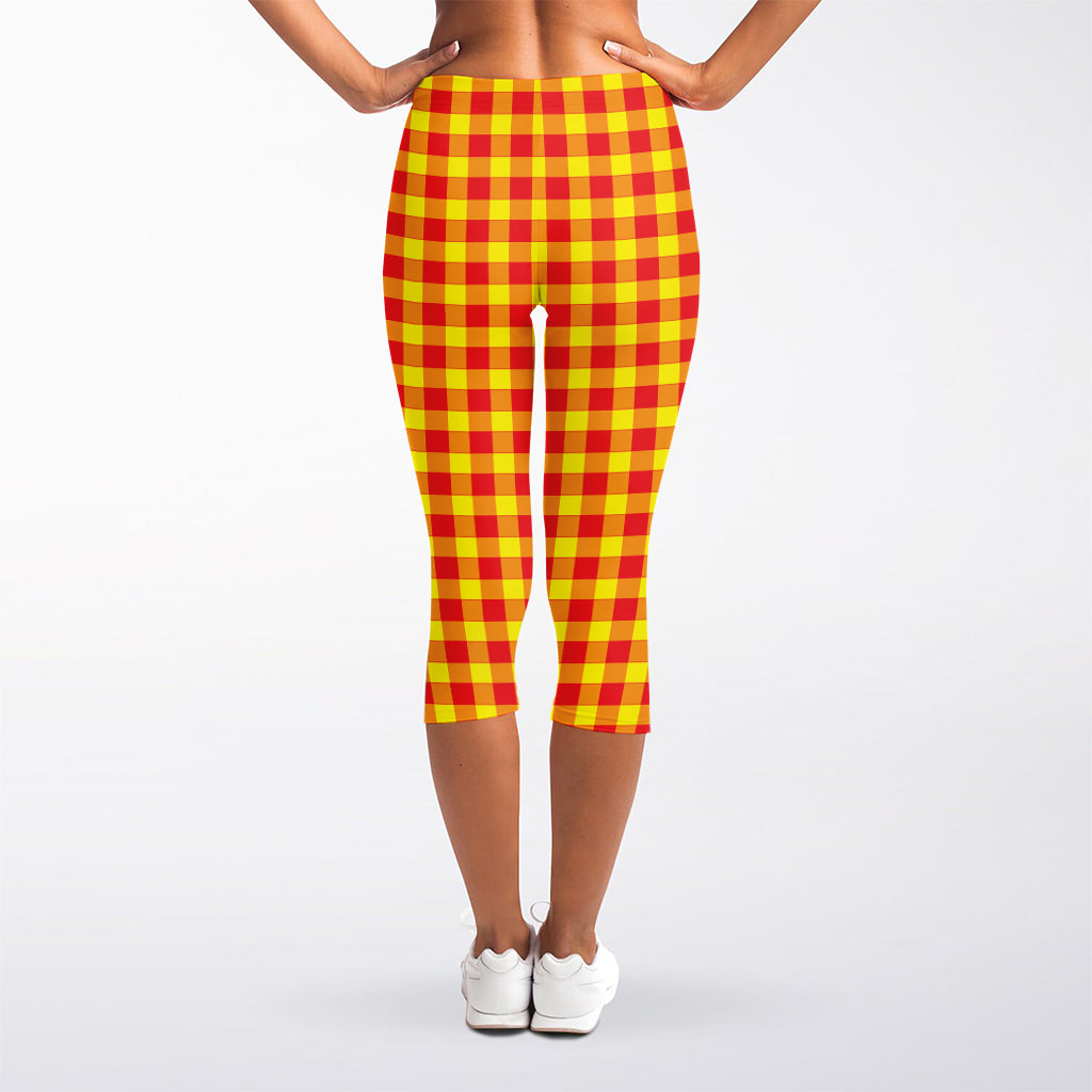 Red And Yellow Check Pattern Print Women's Capri Leggings
