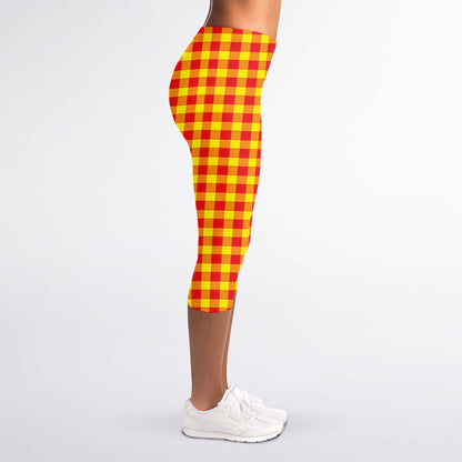 Red And Yellow Check Pattern Print Women's Capri Leggings