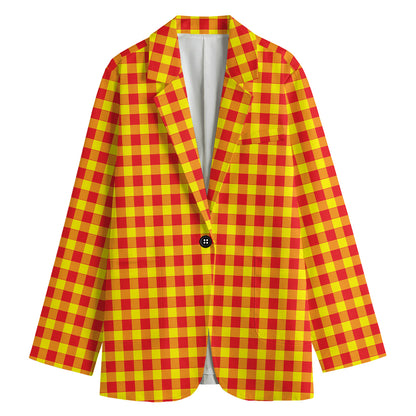 Red And Yellow Check Pattern Print Women's Cotton Blazer