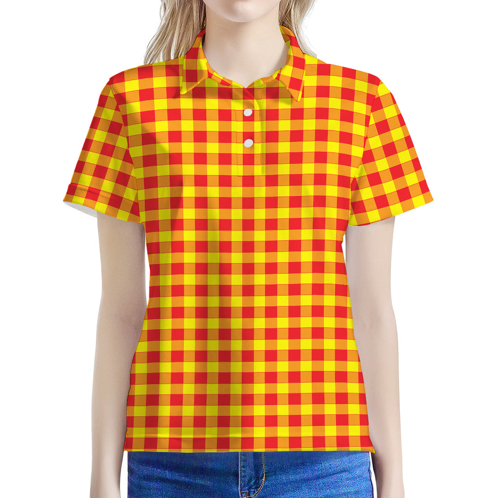 Red And Yellow Check Pattern Print Women's Polo Shirt