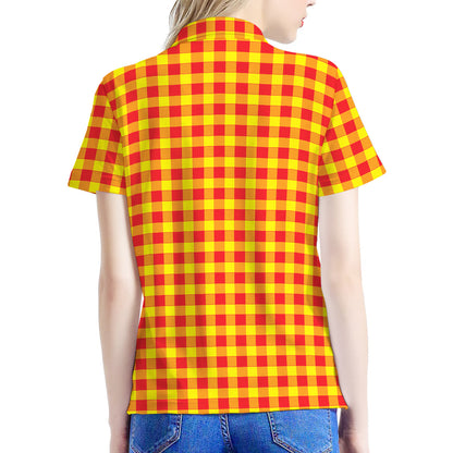 Red And Yellow Check Pattern Print Women's Polo Shirt