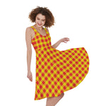 Red And Yellow Check Pattern Print Women's Sleeveless Dress
