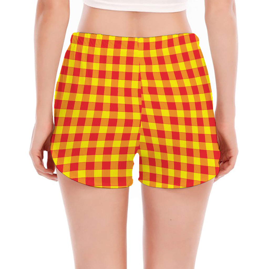 Red And Yellow Check Pattern Print Women's Split Running Shorts
