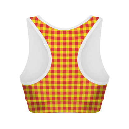 Red And Yellow Check Pattern Print Women's Sports Bra