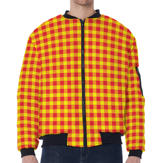 Red And Yellow Check Pattern Print Zip Sleeve Bomber Jacket