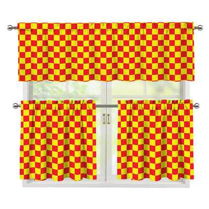 Red And Yellow Checkered Pattern Print 3 Piece Kitchen Curtains