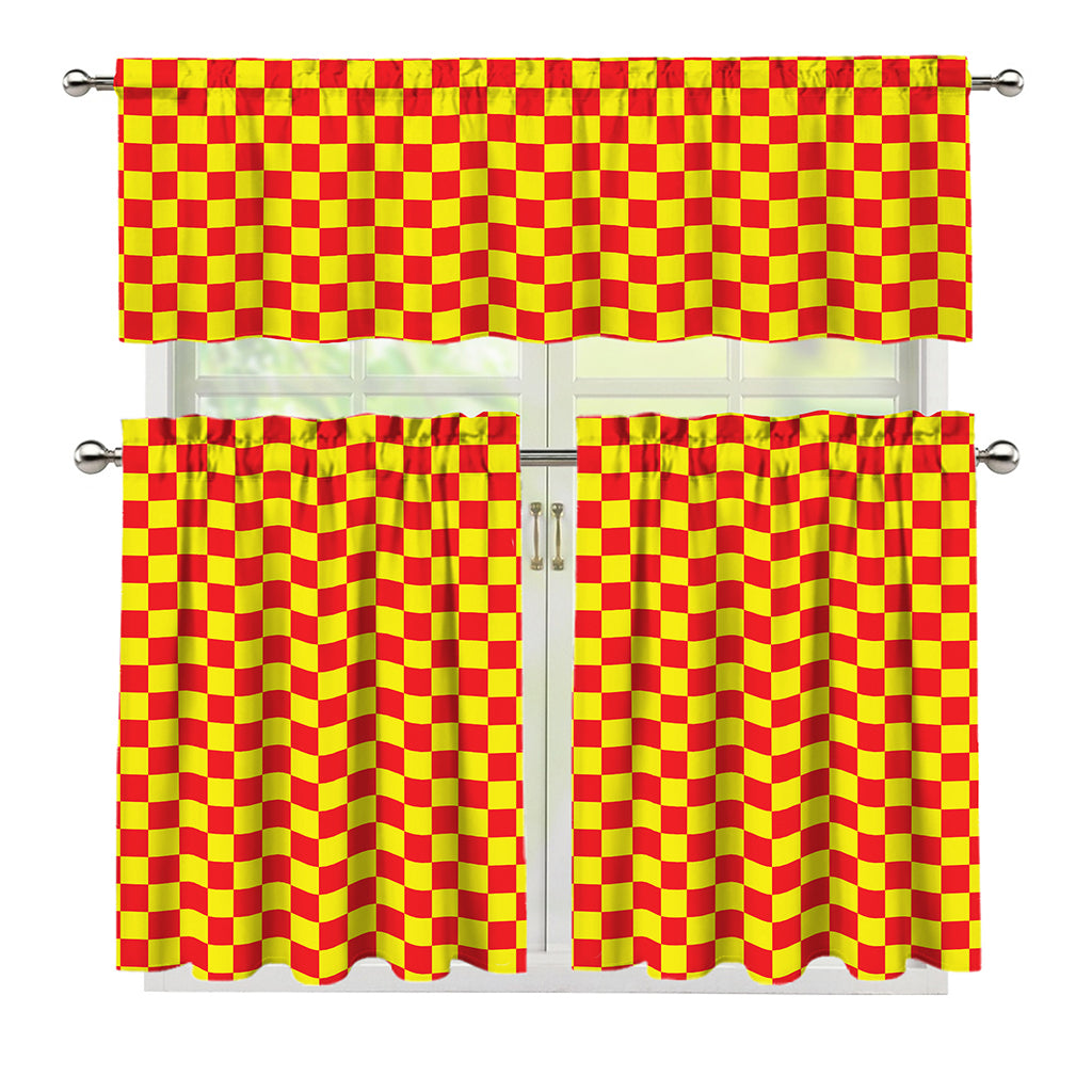 Red And Yellow Checkered Pattern Print 3 Piece Kitchen Curtains