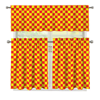 Red And Yellow Checkered Pattern Print 3 Piece Kitchen Curtains