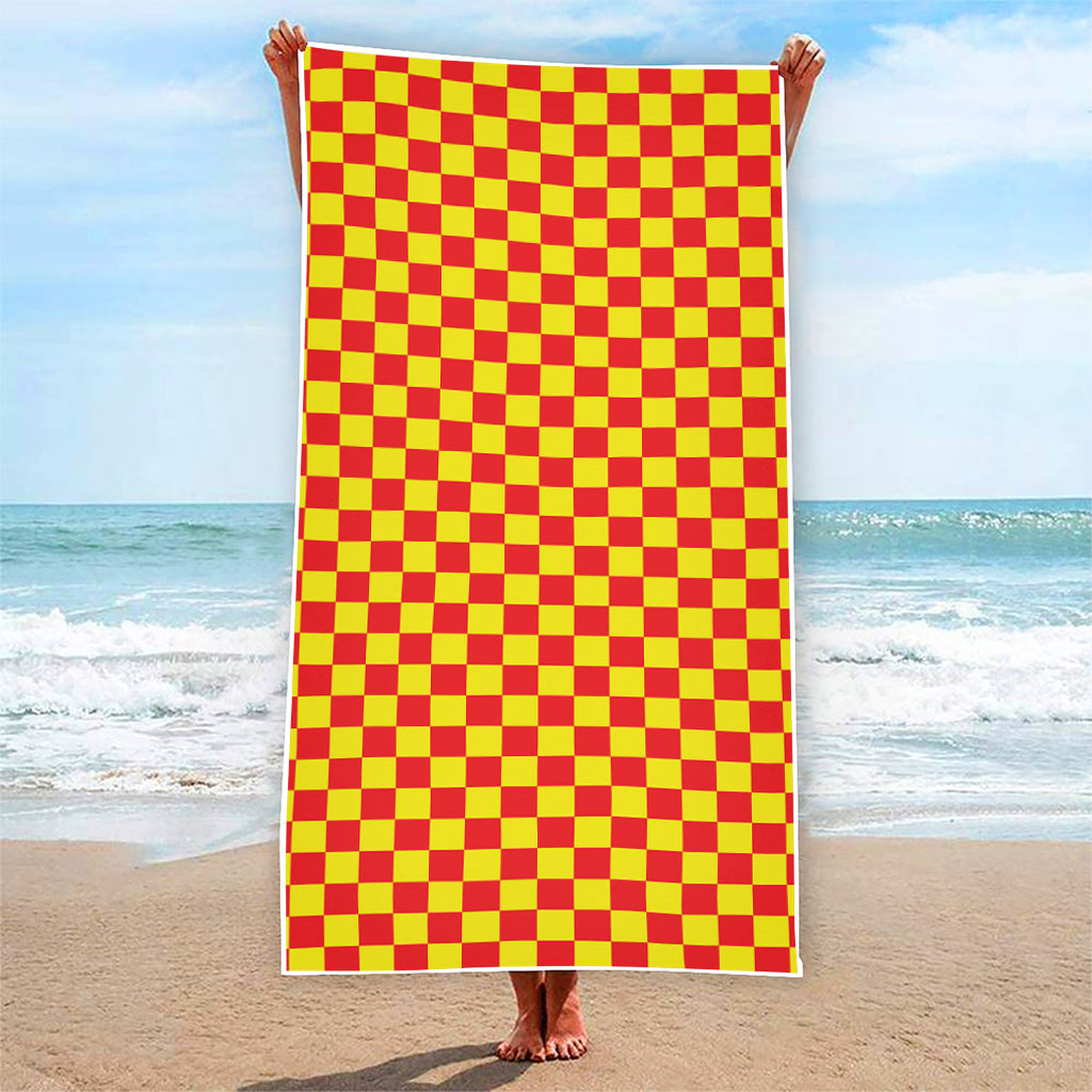 Red And Yellow Checkered Pattern Print Beach Towel