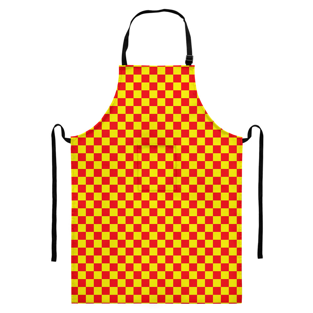 Red And Yellow Checkered Pattern Print Bib Apron With Pocket