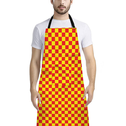 Red And Yellow Checkered Pattern Print Bib Apron With Pocket