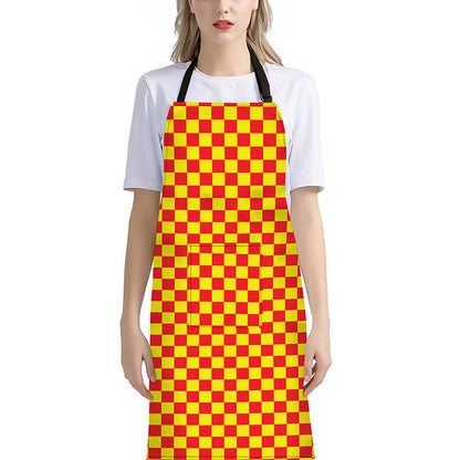 Red And Yellow Checkered Pattern Print Bib Apron With Pocket