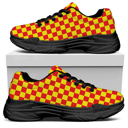 Red And Yellow Checkered Pattern Print Black Chunky Shoes