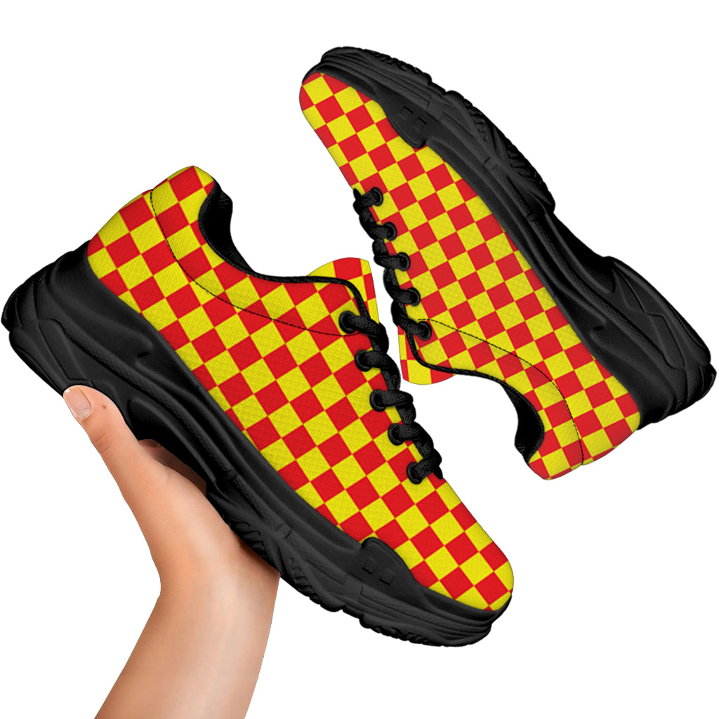 Red And Yellow Checkered Pattern Print Black Chunky Shoes