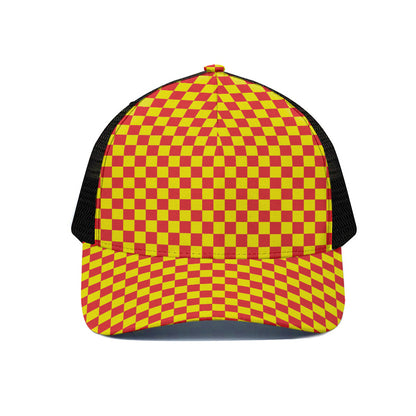 Red And Yellow Checkered Pattern Print Black Mesh Trucker Cap