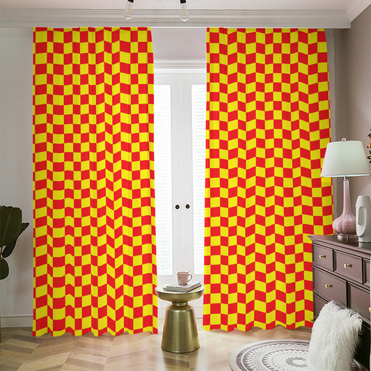 Red And Yellow Checkered Pattern Print Blackout Pencil Pleat Curtains