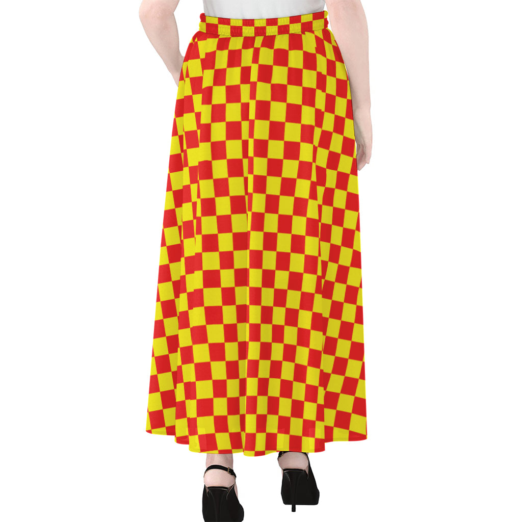 Red And Yellow Checkered Pattern Print Chiffon Maxi Skirt