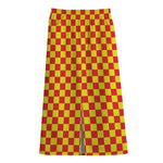 Red And Yellow Checkered Pattern Print Cotton Front Slit Maxi Skirt
