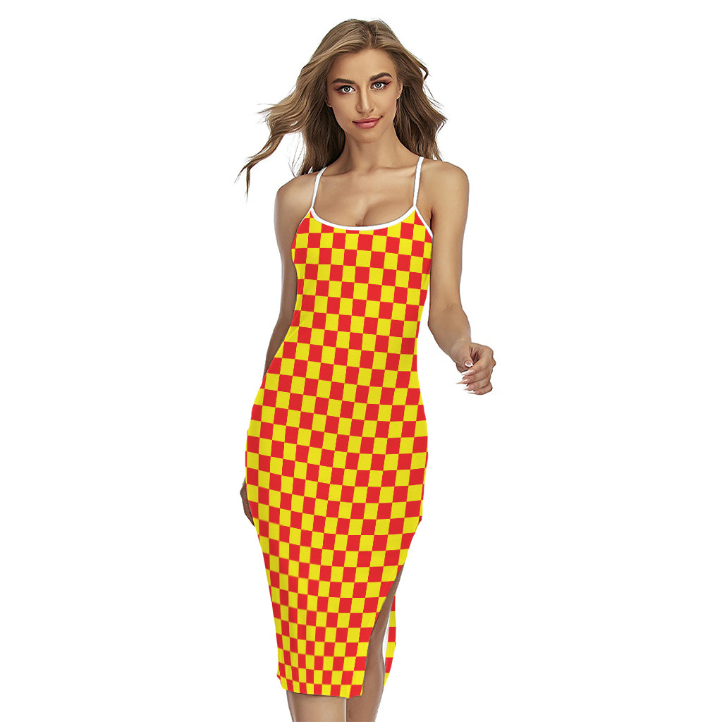 Red And Yellow Checkered Pattern Print Cross Back Cami Dress