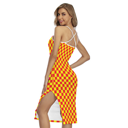 Red And Yellow Checkered Pattern Print Cross Back Cami Dress