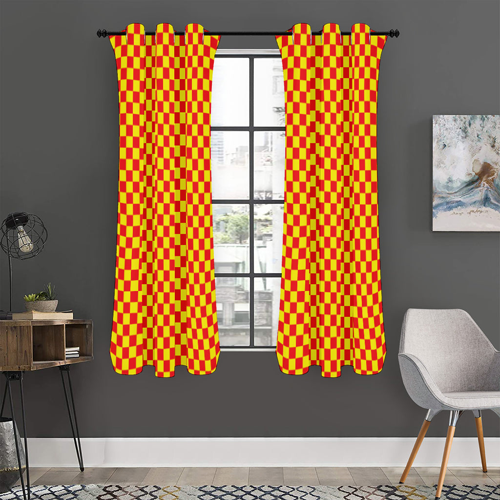 Red And Yellow Checkered Pattern Print Curtain
