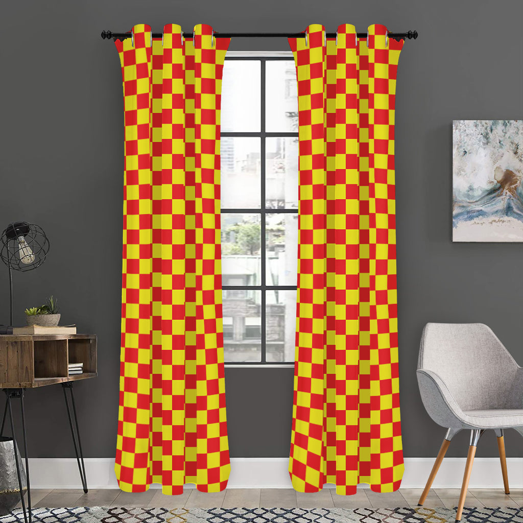 Red And Yellow Checkered Pattern Print Curtain